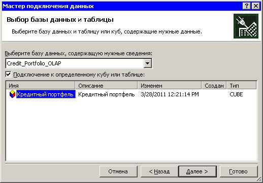 Выбор многомерной базы и куба Microsoft Analysis Services